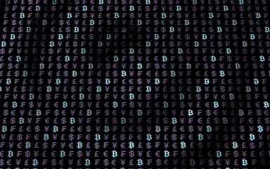 Bitcoin and currency on a dark background. Digital Cryptocurrency symbol. Wave effect, currency market fluctuations. Business concept. 3D illustration