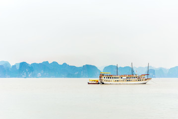 View of tourist ships in the bay, Halong, Vietnam. Copy space for text.