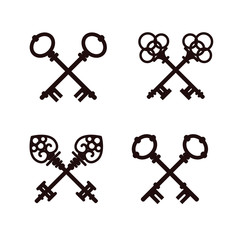 Set of crossed old vintage keys silhouettes. Vector flat illustration.