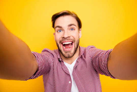 Positive picture person people adventure tourism emotion expressing good mood front concept. Close up portrait of crazy cheerful rejoicing excited handsome boy taking selfie isolated bright background