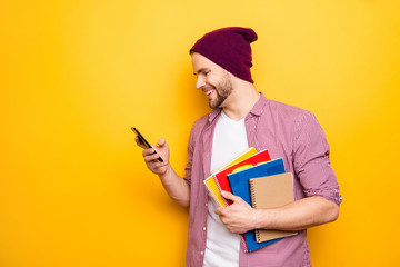 Hug hold hands stylish swag cool lecture learn modern technology people person concept. Side portrait of handsome smart excited cheerful rejoicing teen age student using smartphone isolated background