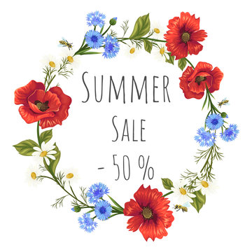 summer sale. wreath with poppies, cornflowers and chamomiles