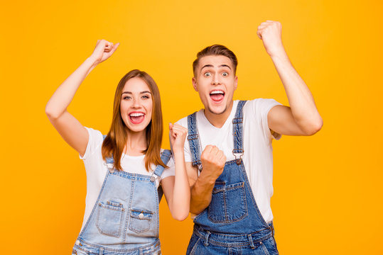 Yell loud noise done positive rest relax luck emotion expressing concept. Close up photo portrait of two funny funky joyful optimistic cheerful siblings gesturing with fists isolated bright background