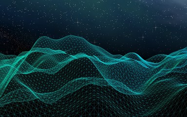 Abstract landscape on a dark background. Cyberspace grid. Hi-tech network. Outer space. Starry outer space texture. 3D illustration