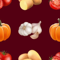 Seamless pattern with vegetables. Vegeterian food. Tomato, pumpkin, cabbage, potatoes onion broccoli carrot pepper and garlic. 3d realism vector illustration.