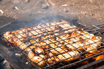 meat chicken wings roasted in the grill grill on the coals in the courtyard of the house