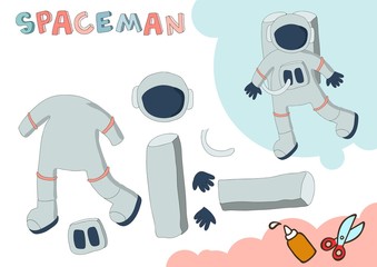 Astronaut Paper Model. Small home craft project, paper game. Cut out and glue. Cutouts for children. Vector template.