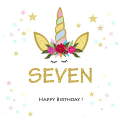 Seventh birtday. Seven. Unicorn Birthday invitation. Party invitation greeting card © HELIORA