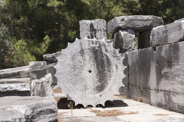 A chunk of unfinished columns in theSanctuary of Athena in Priene Ancient City in Turkey