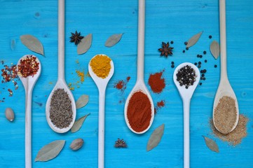 Concept of table with colorful spices in wooden spoons on blue background, flat lay