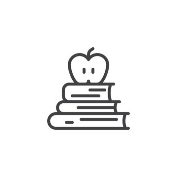 Books And Apple On The Top Outline Icon. Linear Style Sign For Mobile Concept And Web Design. Knowledge Simple Line Vector Icon. Education Symbol, Logo Illustration. Pixel Perfect Vector Graphics