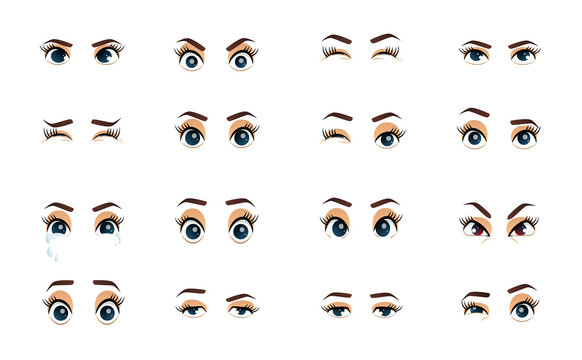 Cartoon female eyes. Colored vector closeup eyes. Female woman eyes and brows image collection set. Emotions eyes. Illustration