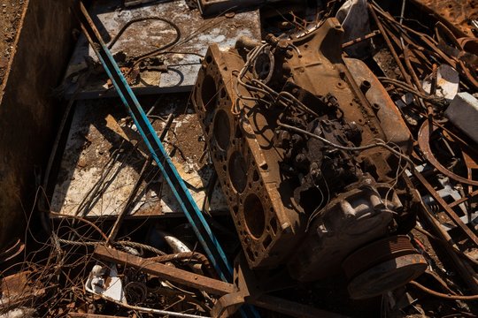 Rusty iron pieces in the scrapyard
