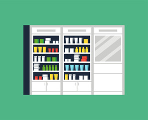 Vector illustration of modern interior design pharmacy or drugstore. Showcase and shelves with medicines, pills and capsules.