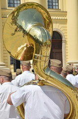 Military brass band outdoor with instruments