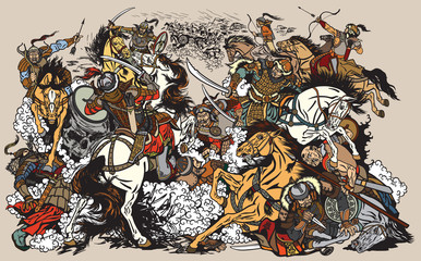 Battle between Mongols clans and tribes .Time of Genghis Khan .Medieval Asian cavalry warriors fighting with swords and nomads archery shooting a bow and arrows. . Graphic style vector illustration