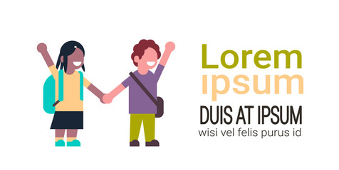 couple girl boy hold hands mix race school children isolated small primary students over white background copy space flat vector illustration