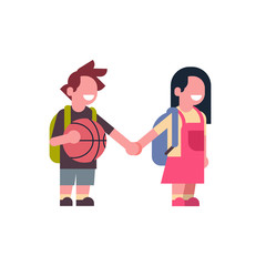 couple girl backpack boy basketball hold hands school children isolated small primary students over white background flat vector illustration