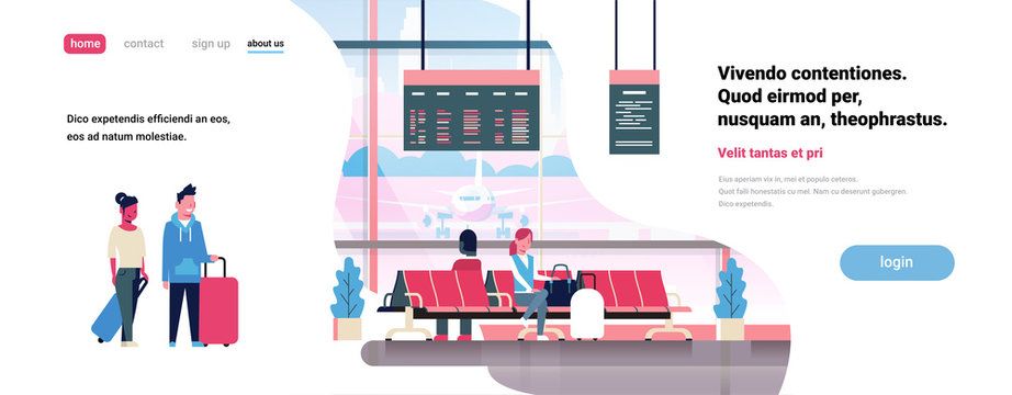 people waiting takeoff in airport hall departure lounge passengers terminal check interior flat banner copy space vector illustration