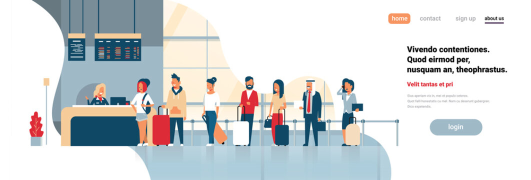 check in registration airport group mix race passengers standing in queue departures board concept flat copy space banner vector illustration