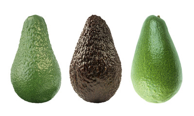Three avocados isolated. Isolated avocado. Cut avocado fruit isolated on white background. Avocado with copy space for text. 