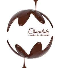 Ball of black melted chocolate. Melted chocolate syrup on white background. Liquid chocolate on a...