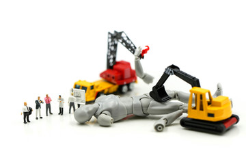 Miniature people : Businessman and Engineer deal production robots,industry  Robot Business concept.