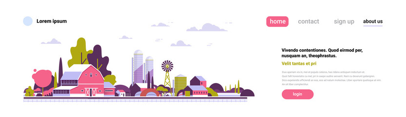 Fototapeta premium agriculture farm windmill barn buildings farmland countryside landscape flat design copy space banner vector illustration