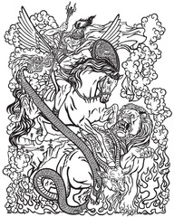 the mythological hero Bellerophon riding the divine winged horse Pegasus and killing the monster creature as the Chimera . Ancient Greek mythology . Black and white vector illustration .Coloring page