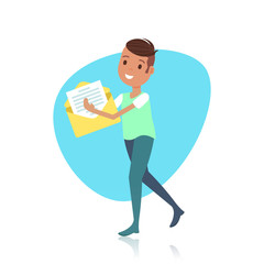 happy man character holding paper envelope template for design work or animation over white background full length flat vector illustration