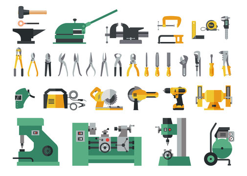 Set of master tools for metal. Big flat icon collection of hand tools and power electric machines for metal work factory process.