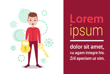 man character holding key lock template for design work or animation over white background full length flat copy space horizontal vector illustration