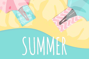 Top view beach background with girls under umbrellas. Summer beach in paper cut style. Vector illustration.