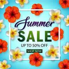 Summer sale banner with tropical flowers for promotion