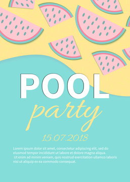 Invitation template for pool party. Summer beach in paper cut style. Vector illustration.