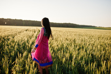 Tender indian girl in saree, with violet lips make up posed at field in sunset. Fashionable india...