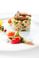 Olivier Salad or Russian Salad with Roasted Quail