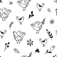 Seamless pattern with doodle birds, branches and flowers. Black and white vector template suitable for wrapping paper, bedding or print on clothes.