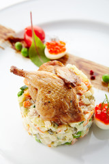 Olivier Salad or Russian Salad with Roasted Quail