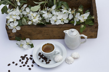 on the grass and white table is an old wooden box with apple tree branches, a cup of coffee, a teapot, meringue and coffee beans