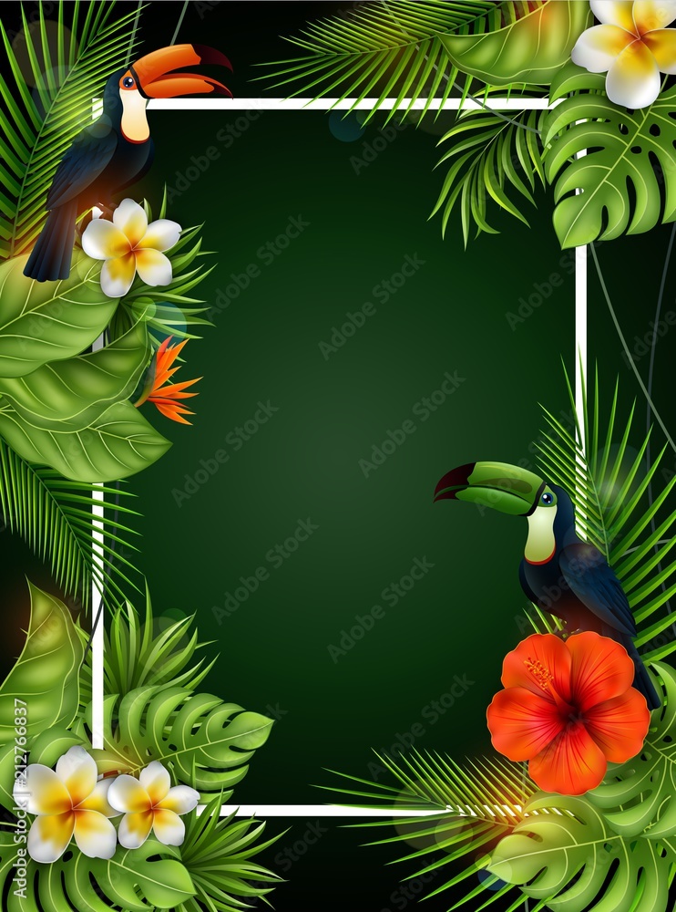 Wall mural summer sale banner with tropical flowers and leaves. toucan and exotic leaves on nature green backgr