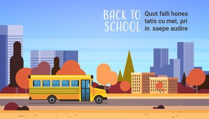 yellow bus back to school autumn pupils transport concept on cityscape background flat copy space horizontal vector illustration