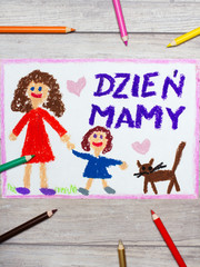 Kolorowy ręczny rysunek przedstawiający laurkę na Dzień Matki  - obrazy, fototapety, plakaty