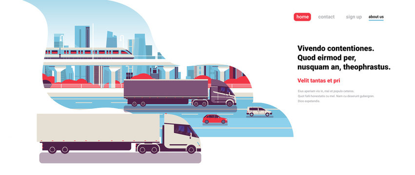 semi truck trailers driving highway road cars lorry over city background delivery cargo concept flat copy space horizontal vector illustration