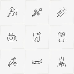 Stomatology line icon set with shine of teeth , syringe and medicine mask