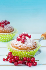 A festive dessert with red berries and powdered sugar. Close-up. Copy space. Cake with berries.