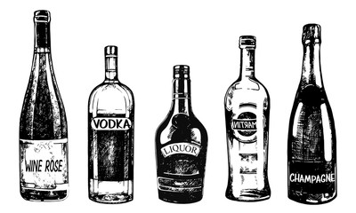 Set of hand drawn sketch style bottles of alcohol isolated on white background. Vector illustration.