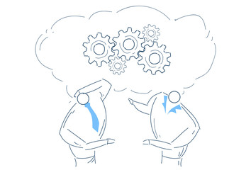 two men brainstorming gear wheel working together process strategy concept sketch doodle vector illustration