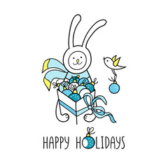 Cute happy winter holidays gift card with hand drawn elements. 
