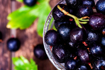 Ripe blackcurrant in glass bowl close